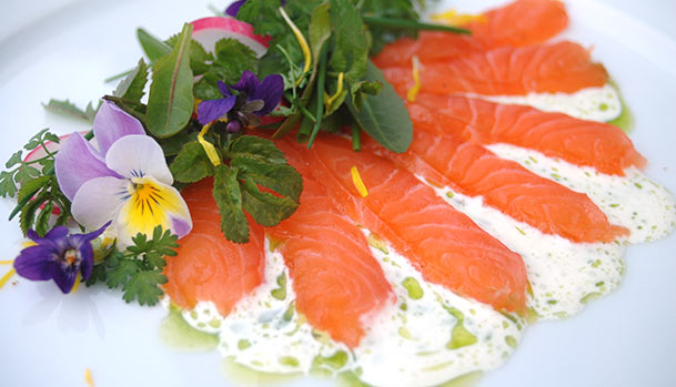 Cured salmon with garden weeds